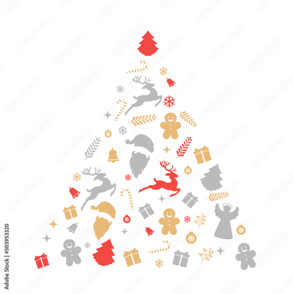 Christmas tree shape design. Merry Christmas card decoration. Happy New Year design elements. Vintage graphics of deer, bell, snowflake, ribbon, bow, tree, snowman. Vector icons set.