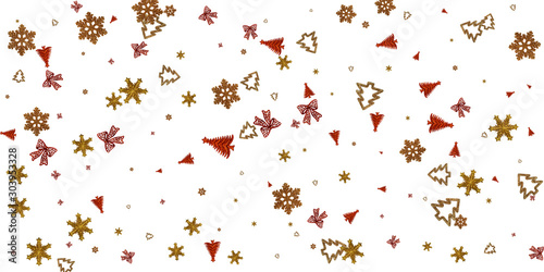 Happy New Years Day. Christmas celebration pattern. Gold Xmas decorations isolated on white background.Holiday festive celebration concept.Banner mock up for display of product or design content