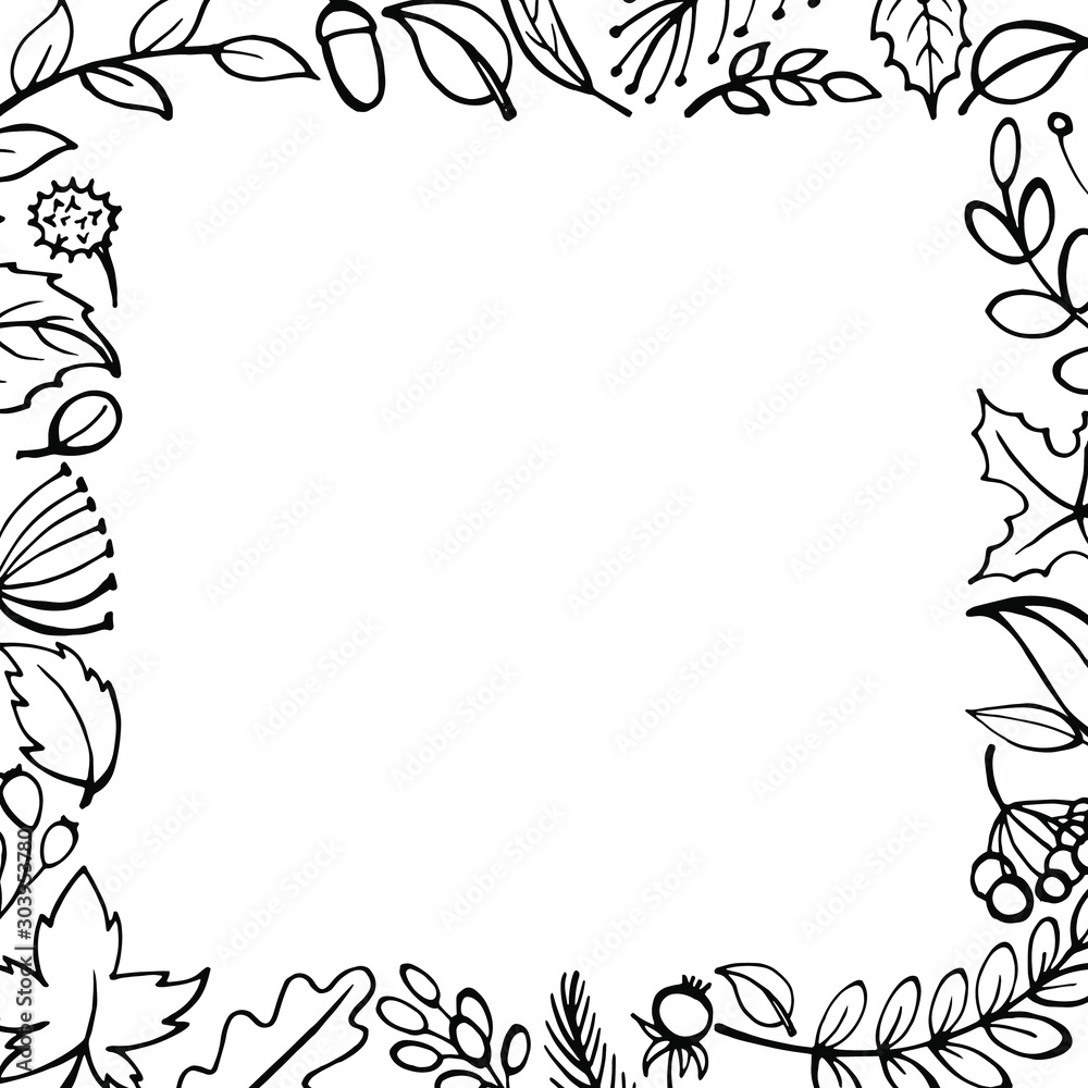 Sketch Hand drawn Frame of fall leaves. Forest design elements. Sketch Hand drawn Frame of fall leaves. Forest design elements.