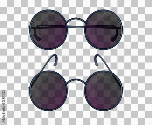 Set of realistic glasses with round lenses isolated on the transparent background. Frontal view with bows. Vector illustration.