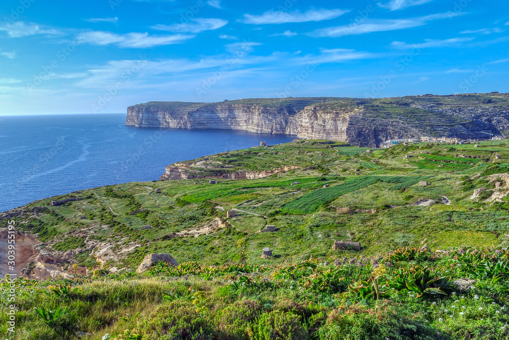 Ta Cenc Cliff and the sea at Sannat, Gozo island, Malta