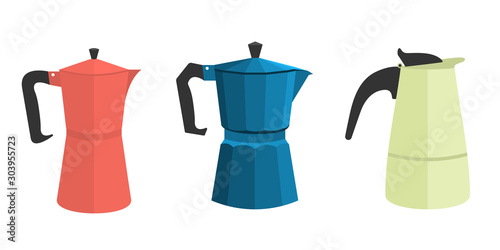 a set of three different geyser Italian coffee makers in a flat style. in different colors. red, green and blue. Vector illustration