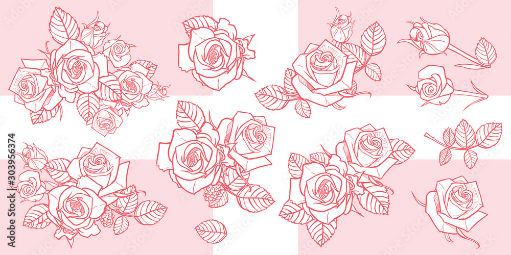 Vector illustration monochrome roses and leaves elements. Perfect for greeting cards and invitation cards for romantic occasions. Easily do light background watermarks or gold stamping. - obrazy, fototapety, plakaty 