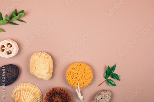 Different types of zero waste sponges for body care. Concept of eco friendly supplies for self-care. Flat lay style.