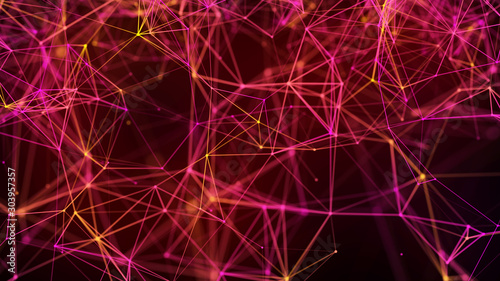 Neon multi-colored glowing lines. Digital plexus. Abstract background. 3D rendering. Network.