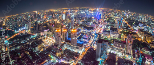 Aerial Panoramic Cityscape View of Bangkok with Street Lights at Night photo