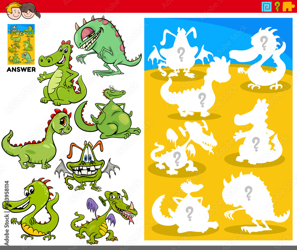 Fototapeta premium matching shapes game with cartoon dragon characters