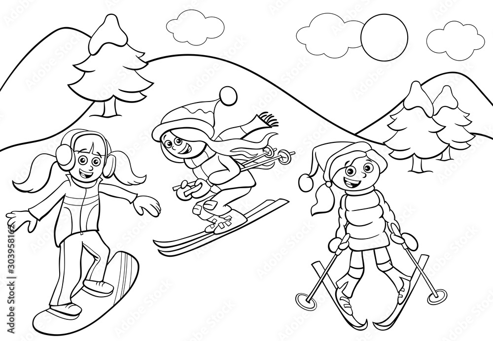 snowboarding and skiing girls cartoon color book page snowboarding and skiing girls cartoon color book page