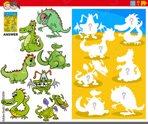 matching shapes game with cartoon dragon characters