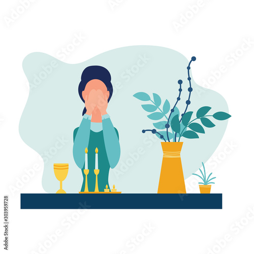 Jewish religion woman in headdress cover eyes to recite blessing upon lighting the sabbath candles. Vector illustration in flat style. Isolated on white background