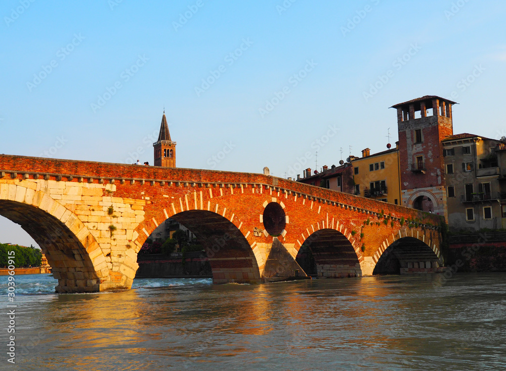 View of Ponte Pietra bridge in Verona, Italy