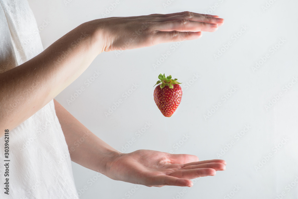 Huge, big ripe juicy strawberry hanging in the air between two hands Huge, big ripe juicy strawberry hanging in the air between two hands