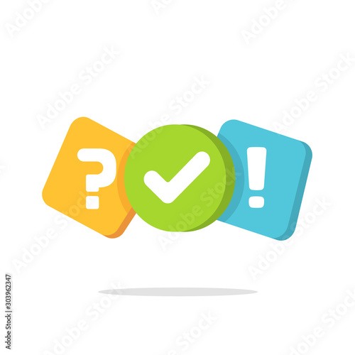 Quiz logo icon vector symbol, flat cartoon color bubble speeches with question and check mark signs as competition game or interview logotype, poll or questionnaire modern creative image