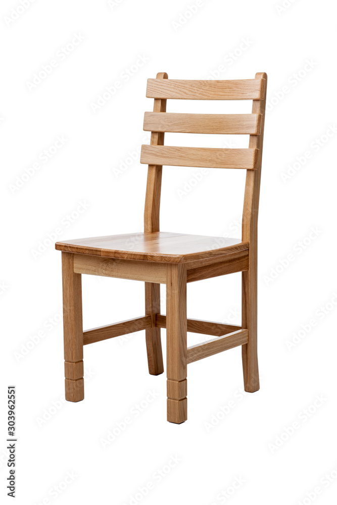 Modern wooden chair isolated on white background, side view. Classic wooden chair with back. Modern wooden chair isolated on white background, side view. Classic wooden chair with back.