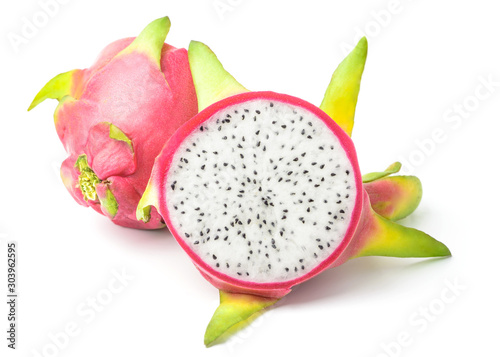 Pitaya, dragon fruit or pitahaya fresh and juicy, one whole and a half, isolated on white