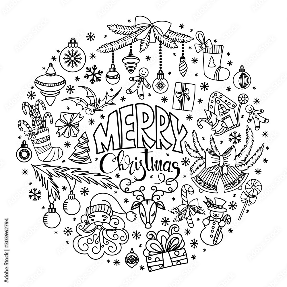 Christmas doodles set. Merry Christmas greeting card. Black and white vector illustration. Hand drawn outline elements and holiday symbols.