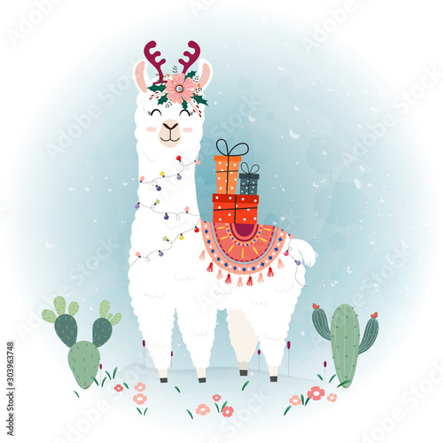 Cute Christmas llama. Merry Christmas card