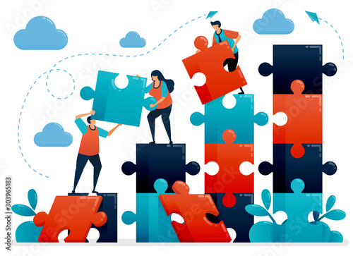 Teamwork and collaboration by solving puzzles. Metaphors understand business chart. Cooperate for company. Challenges and problems. Vector illustration, graphic design, card, banner, brochure, flyer