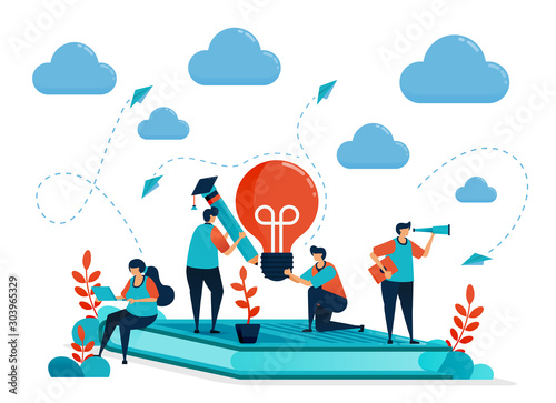 Ideas and inspiration in learning and education. People sitting on books. Modern online learning. Lamp bulb and pencil. Education business. Illustration for business card, banner, brochure, flyer