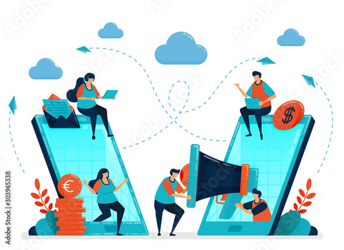 Refer a friend for affiliate and referral program. Promotion and marketing with mobile ads and seo. Smartphone technology to connect people. Illustration for business card, banner, brochure, flyer