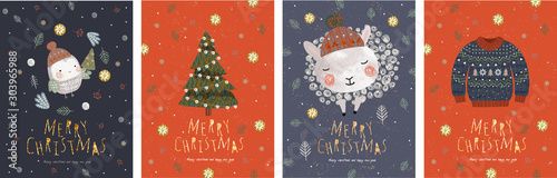 Merry Christmas and a happy new year! Vector illustrations for the winter holidays: cute animals and a bird in a Santa Claus hat, a knitted sweater, christmas tree.Drawings for card or postcard 