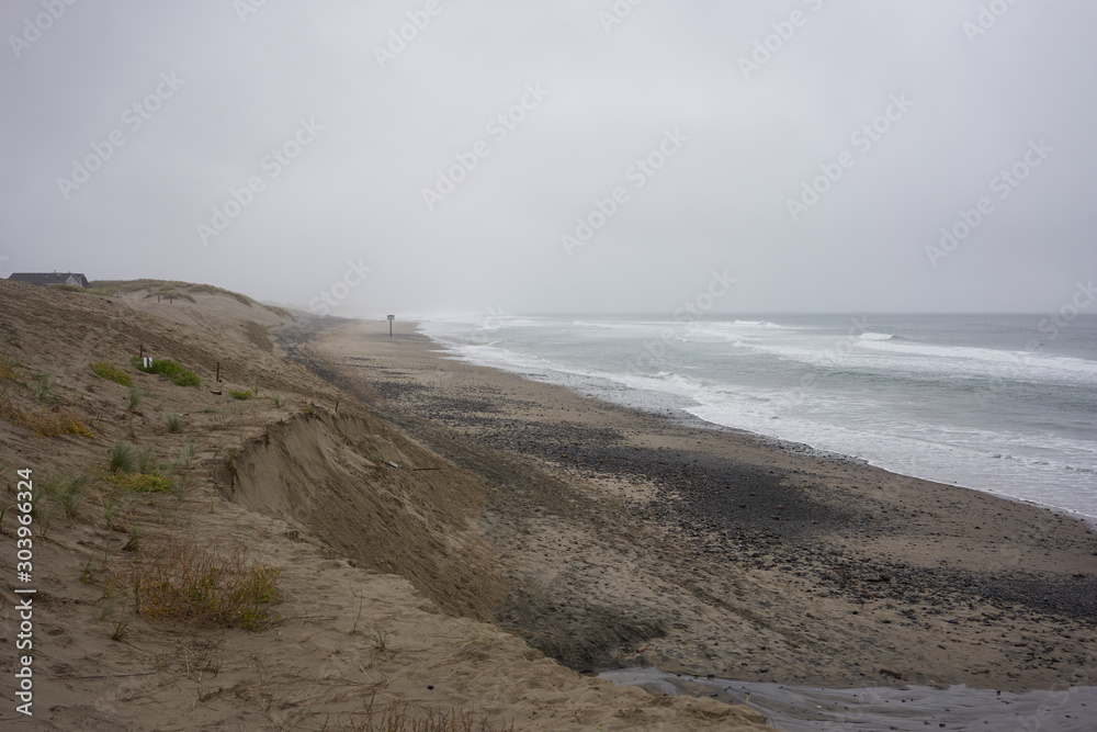 Beach with sand dunes on the Oregon Coast on a gloomy day.