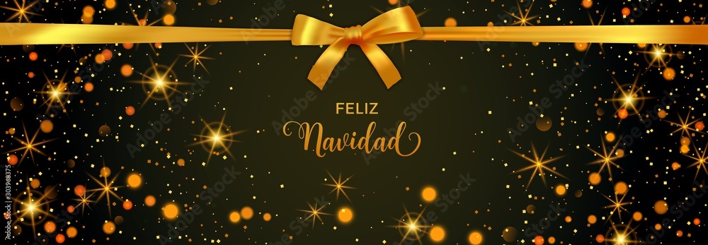 Feliz Navidad Merry Christmas Spanish text banner with golden decoration. Festive bokeh lights and confetti background.