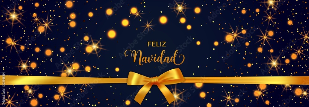 Feliz Navidad Merry Christmas Spanish text banner with golden decoration. Festive bokeh lights and confetti background.