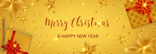 Merry Christmas banner. Cristmas festive background with objects and golden decoration