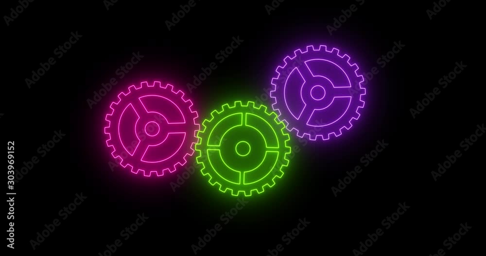 Three spinning bright glowing neon gears Three spinning bright glowing neon gears