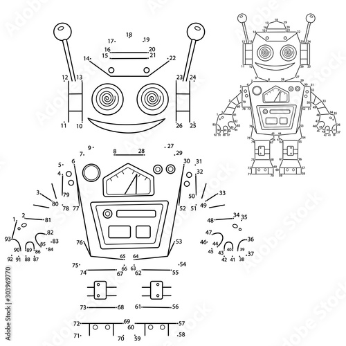 Puzzle Game for kids: numbers game. Cartoon robot. Coloring book for children.