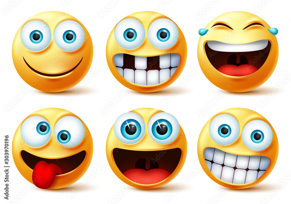 Emojis vector face set. Emoticons and emoji cute faces in crazy ...
