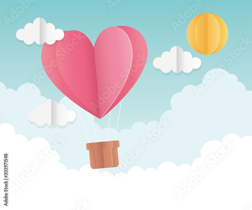 happy valentines day origami heart hot air balloon sun sky
