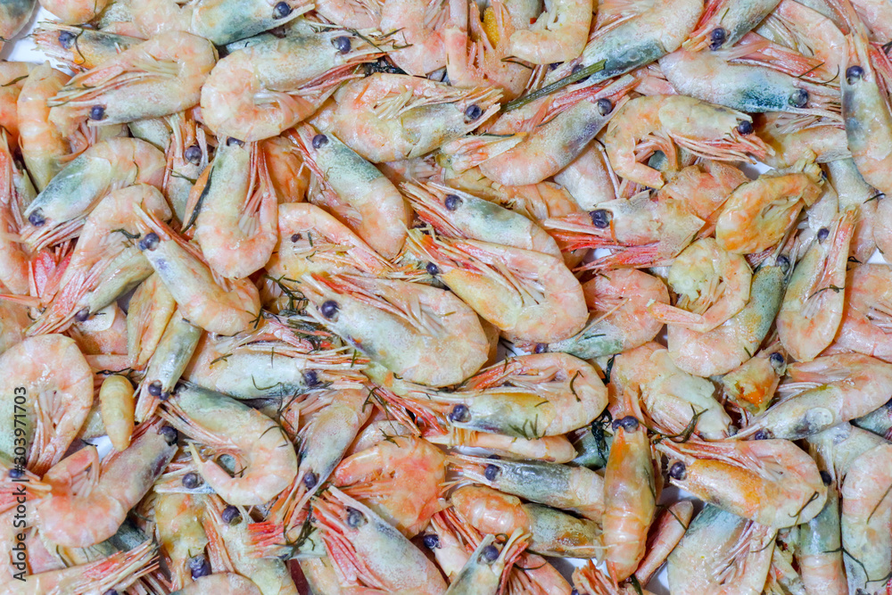 boiled shrimp with greens on the whole frame as a background boiled shrimp with greens on the whole frame as a background