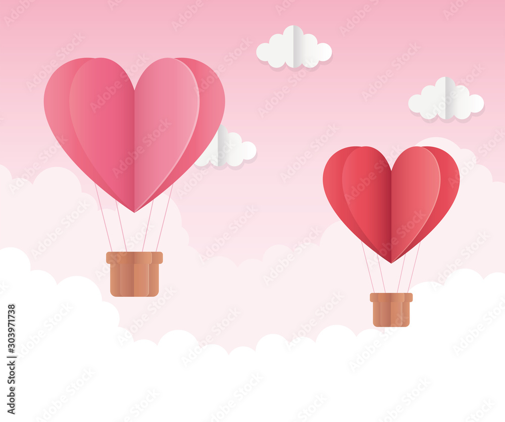 happy valentines day origami hearts flying air balloons clouds