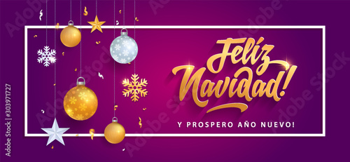 Feliz Navidad - Merry Christmas in spanish language purple card template glitter gold elements, snowflakes, stars and calligraphy