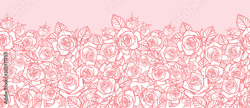 Vector pink monochrome roses and leaves outlines horizontal border. Perfect for greeting cards and invitation cards.