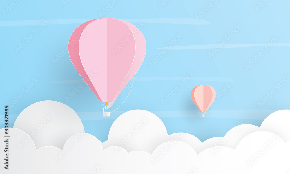 Hot air balloon flying above the cloud, Holiday concept, Paper layer cut