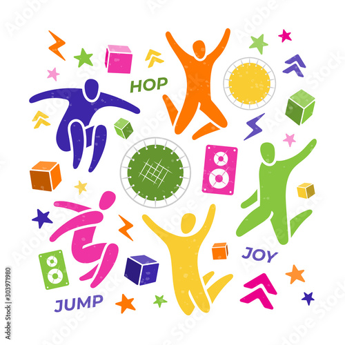Set of 14 icons: jumping people, top view trampoline, speaker, foam cubes, lightning, chevron. Trampoline park. EPS 10