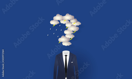 Businessman under the question mark shaped rain cloud and lighting, Concept inspiration business, Paper cut