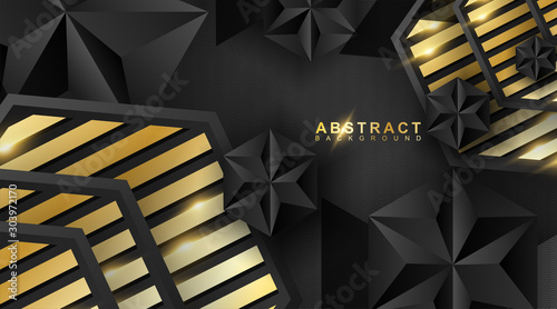 Abstract geometric background. 3D vector illustration. Triangle or black pyramid shape. hexagon with a golden stripe pattern.