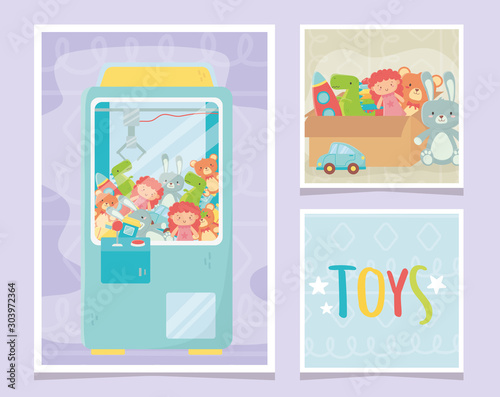 claw machine and cardboard box toys