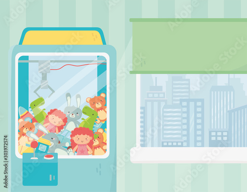 toys claw machine room window cityscape