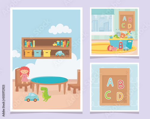 playroom table chair shelf board carpet bucket toys