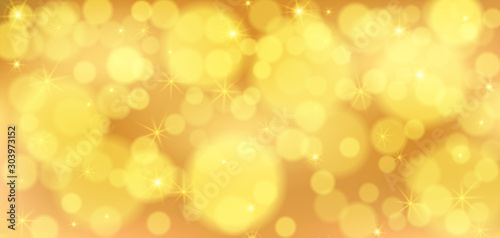 Golden bokeh banner. Bright festive background. Christmas glowing lights. Holiday decorative effect.