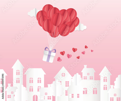 happy valentines day origami paper balloons with gift hearts cityscape