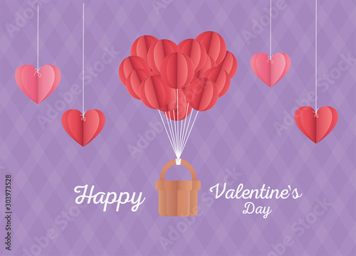 happy valentines day origami hearts balloons basket purple background