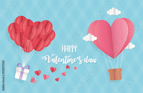 happy valentines day origami balloons with gift and air balloon clouds