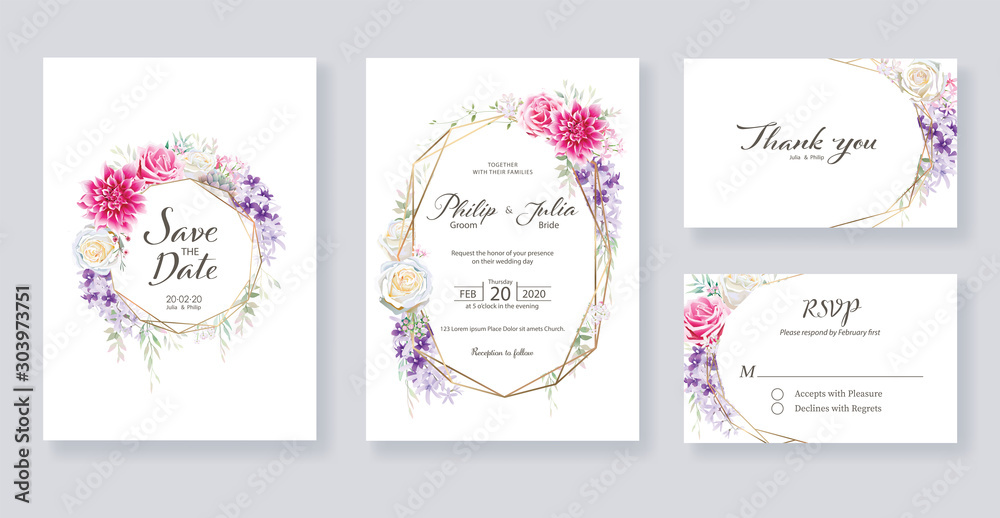Set of wedding Invitation card, save the date, thank you, rsvp template. Vector. 