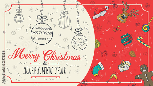 banner Christmas new year outline color sketches for decoration postcard design background style childrens Doodle greeting inscription divided into two halves balls toys